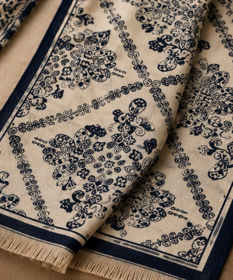 Reversible Navy White Damask Geometric Cashmere Stole