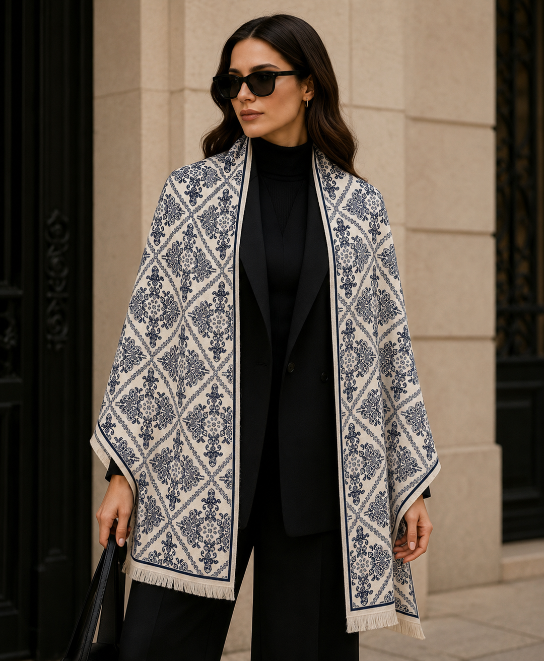 Reversible Navy White Damask Geometric Cashmere Stole