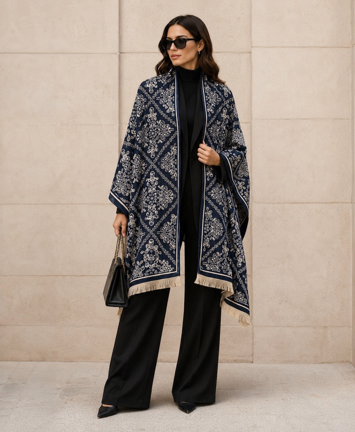 Reversible Navy White Damask Geometric Cashmere Stole