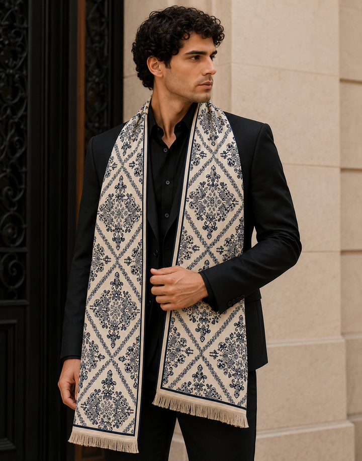 Reversible Navy White Damask Geometric Cashmere Stole