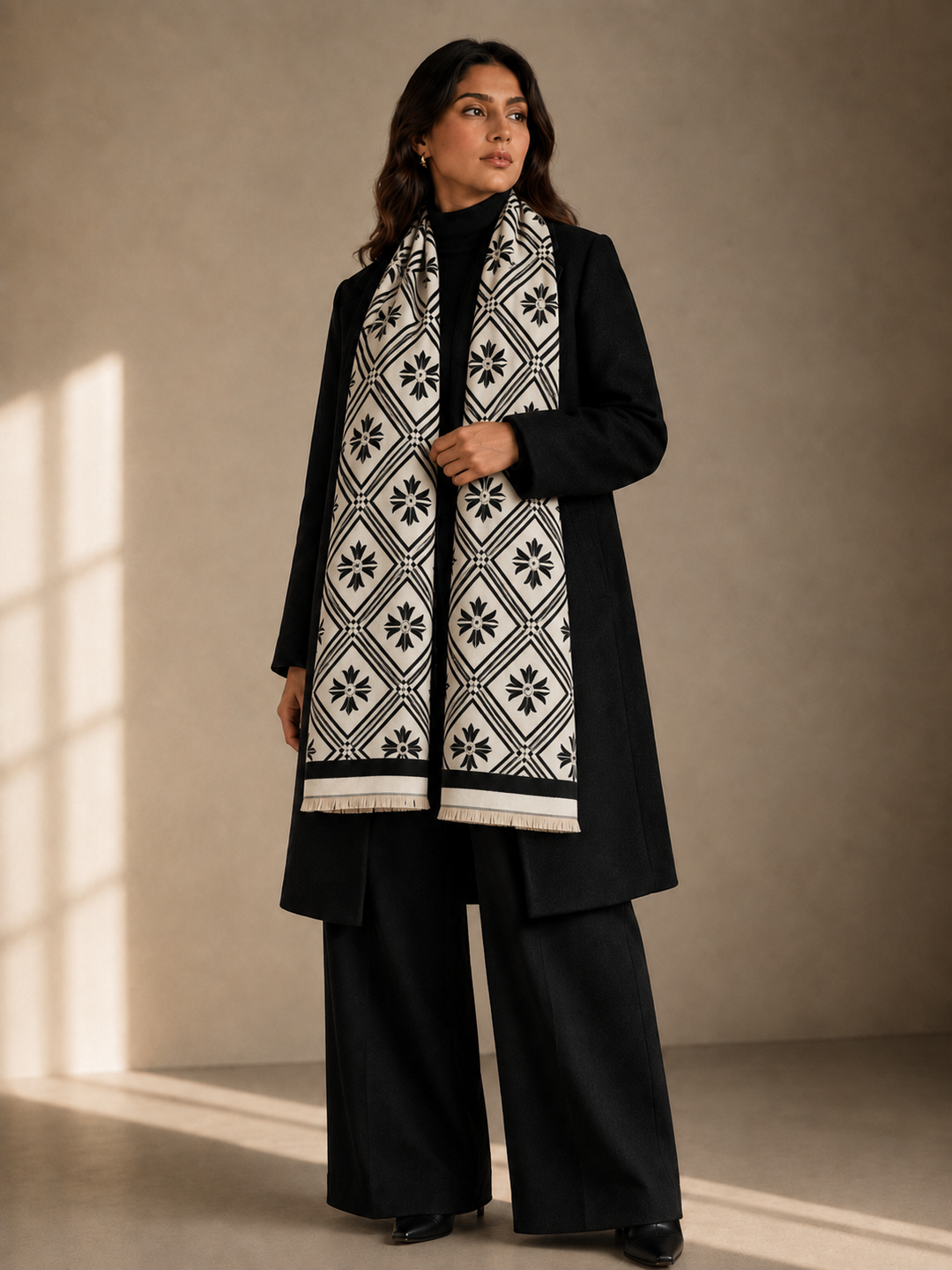 Reversible Navy White Paisley Medallion Cashmere Stole