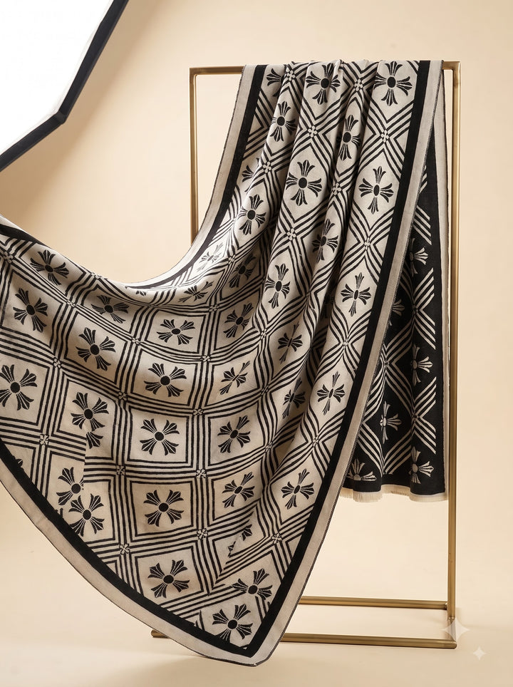 Reversible Navy White Paisley Medallion Cashmere Stole