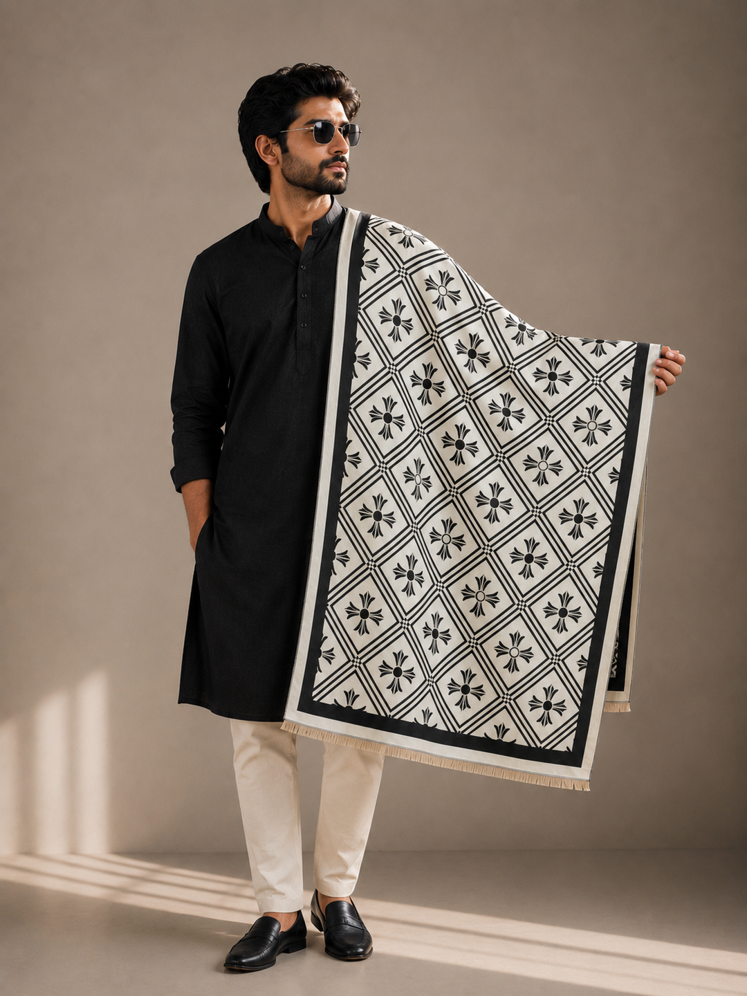 Reversible Navy White Paisley Medallion Cashmere Stole
