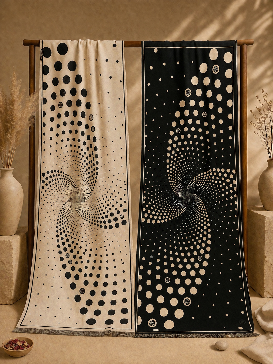 Reversible Black Beige Polka Dot Cashmere Stole