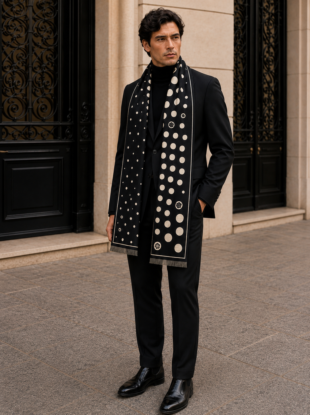 Reversible Black Beige Polka Dot Cashmere Stole