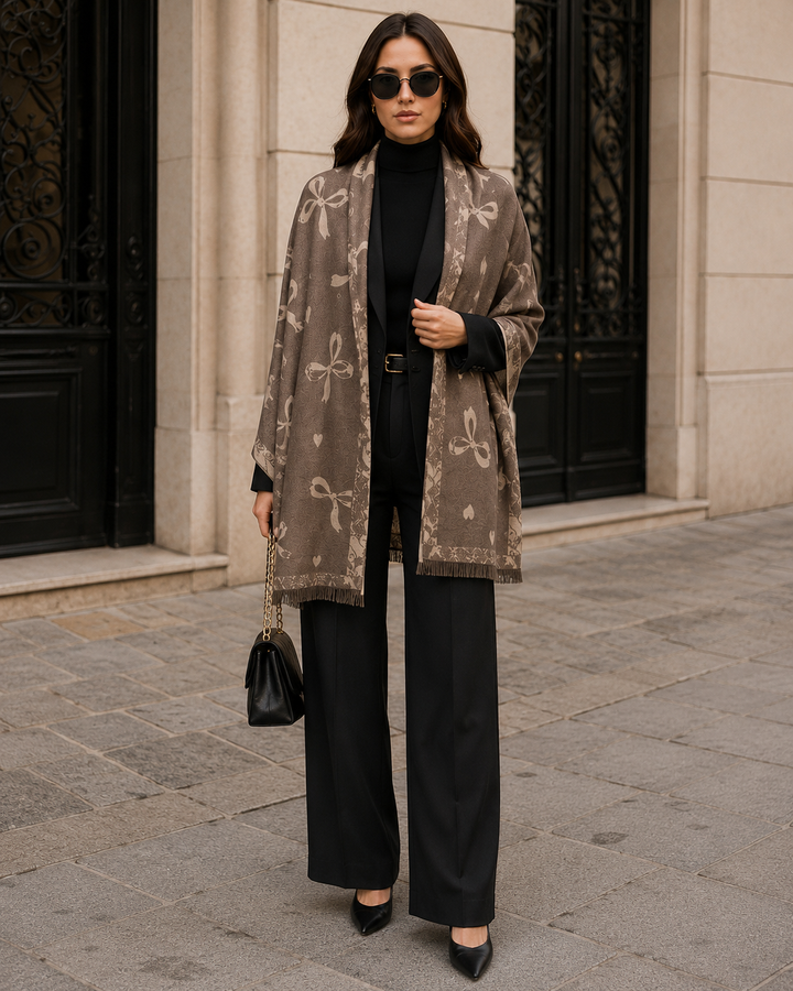 Reversible Cream Taupe Bow Print Cashmere Stole
