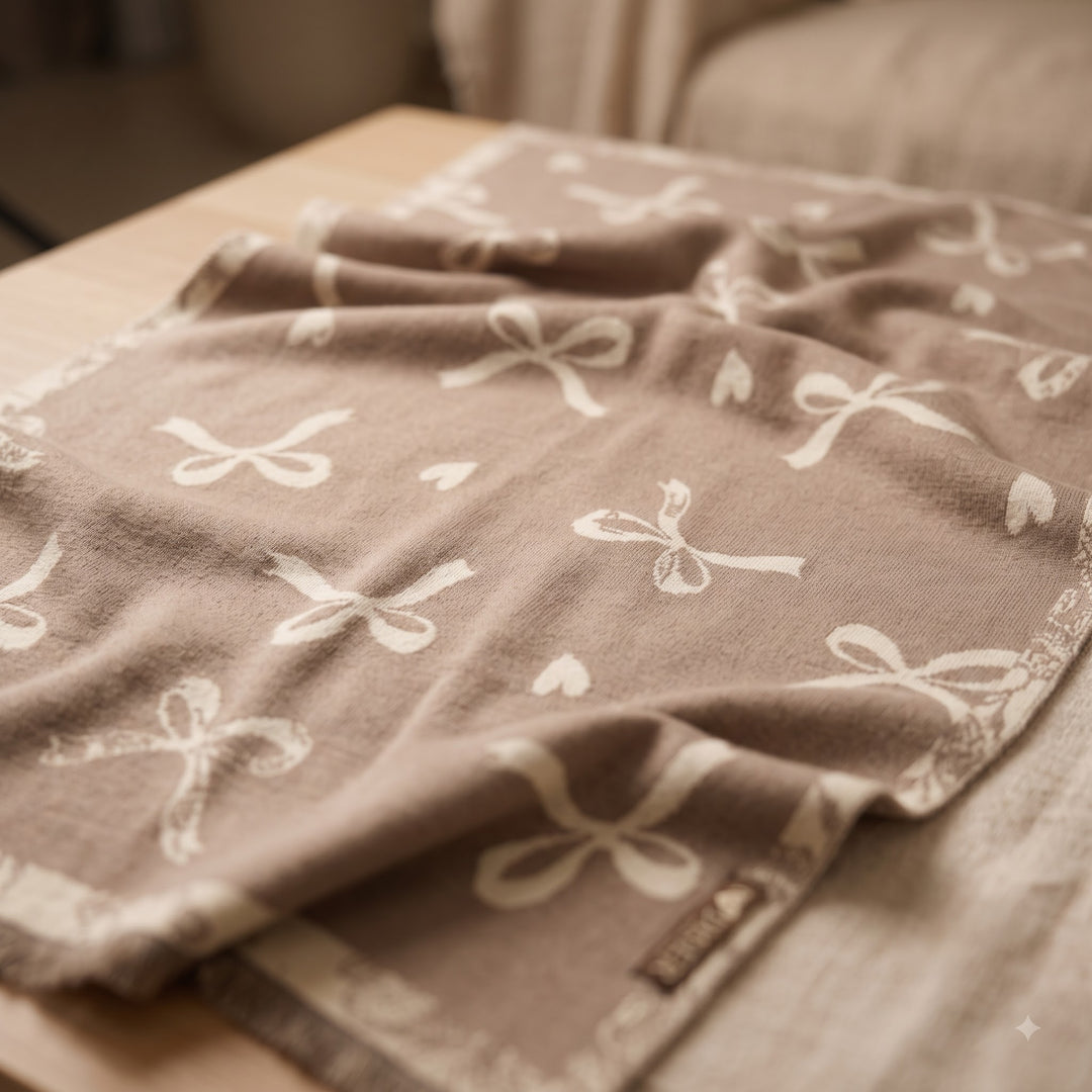 Reversible Cream Taupe Bow Print Cashmere Stole