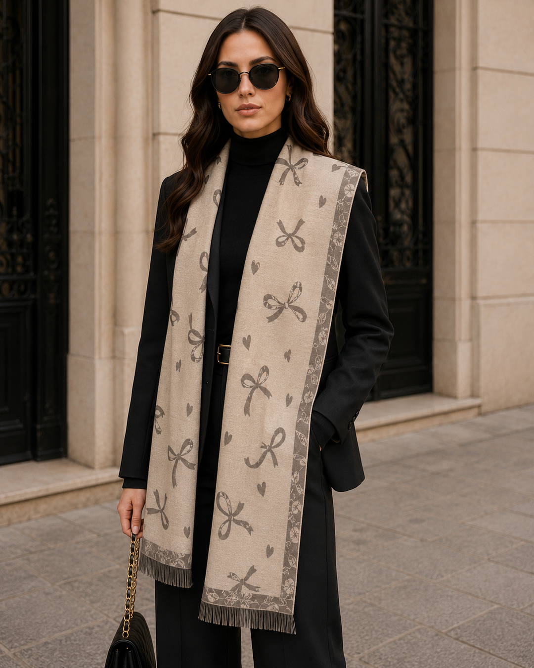 Reversible Cream Taupe Bow Print Cashmere Stole