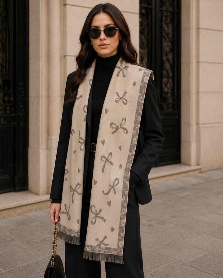 Reversible Cream Taupe Bow Print Cashmere Stole