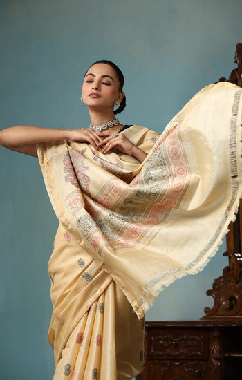 Petal handwoven gold Kosa Silk saree with unique design, certified by ODOP, Silk Mark and Craft Mark