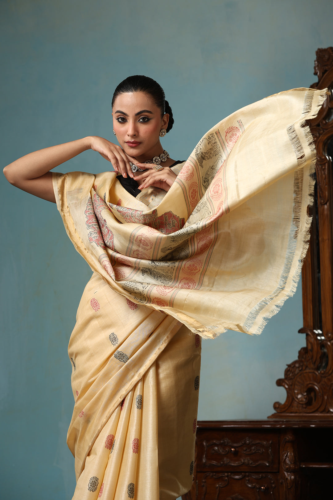 Petal handwoven gold Kosa Silk saree with unique design, certified by ODOP, Silk Mark and Craft Mark