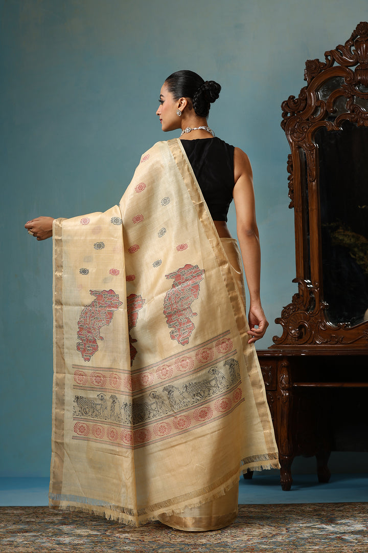 Petal handwoven gold Kosa Silk saree with unique design, certified by ODOP, Silk Mark and Craft Mark