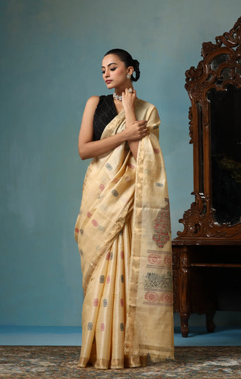 Petal handwoven gold Kosa Silk saree with unique design, certified by ODOP, Silk Mark and Craft Mark
