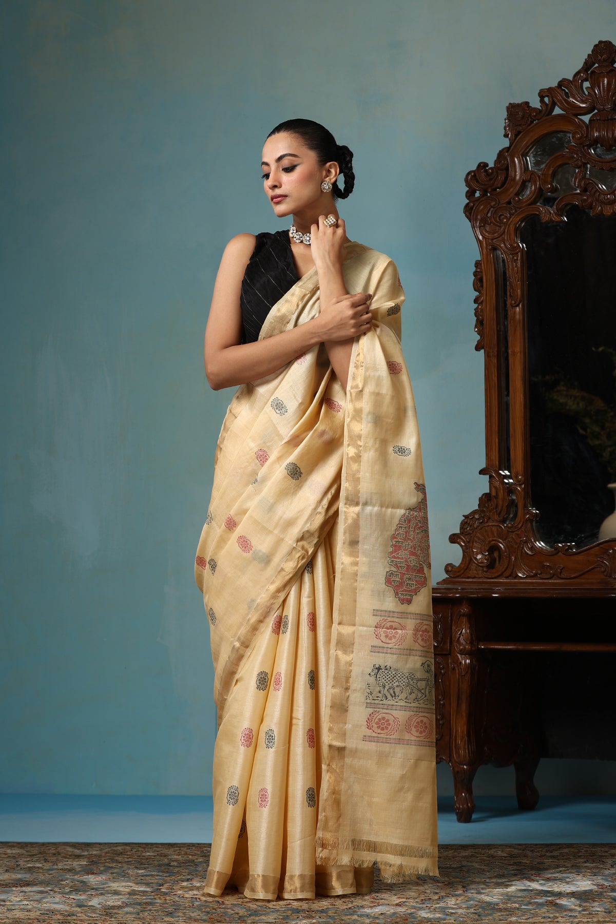 -  Petal handwoven gold Kosa Silk saree with unique design, certified by ODOP, Silk Mark and Craft Mark