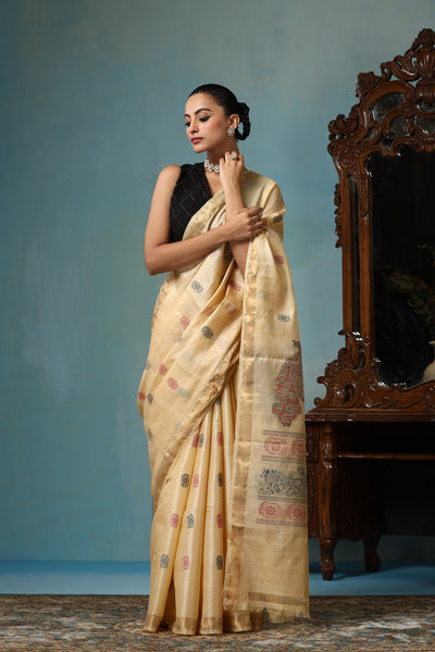 -  Petal handwoven gold Kosa Silk saree with unique design, certified by ODOP, Silk Mark and Craft Mark