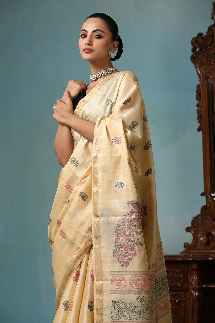 Petal handwoven gold Kosa Silk saree with unique design, certified by ODOP, Silk Mark and Craft Mark