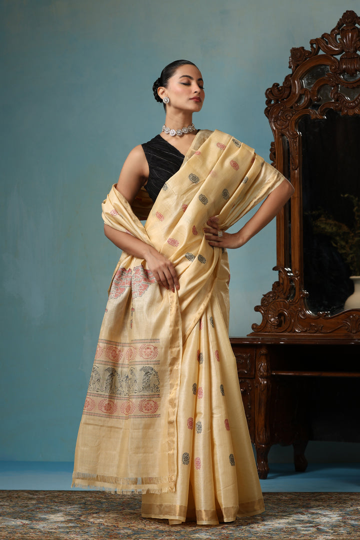Petal handwoven gold Kosa Silk saree with unique design, certified by ODOP, Silk Mark and Craft Mark