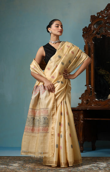 Petal handwoven gold Kosa Silk saree with unique design, certified by ODOP, Silk Mark and Craft Mark