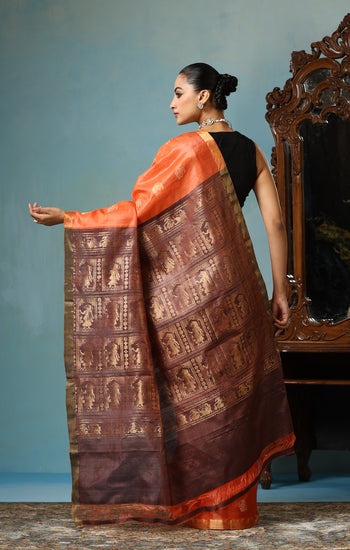 Lily handmade vibrant orange Kosa Silk saree with intricate dancer motif design all over