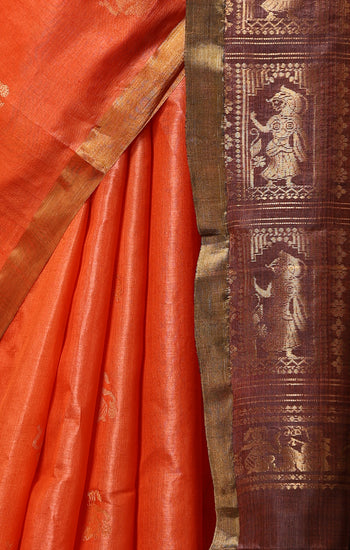 Lily handmade vibrant orange Kosa Silk saree with intricate dancer motif design all over