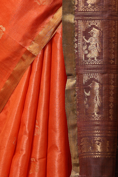 Lily handmade vibrant orange Kosa Silk saree with intricate dancer motif design all over