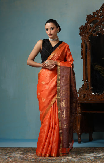 Lily handmade vibrant orange Kosa Silk saree with intricate dancer motif design all over