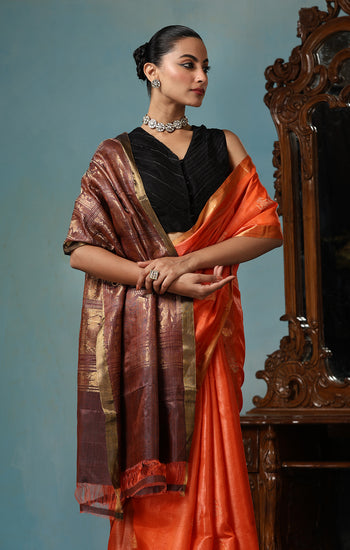 Lily handmade vibrant orange Kosa Silk saree with intricate dancer motif design all over