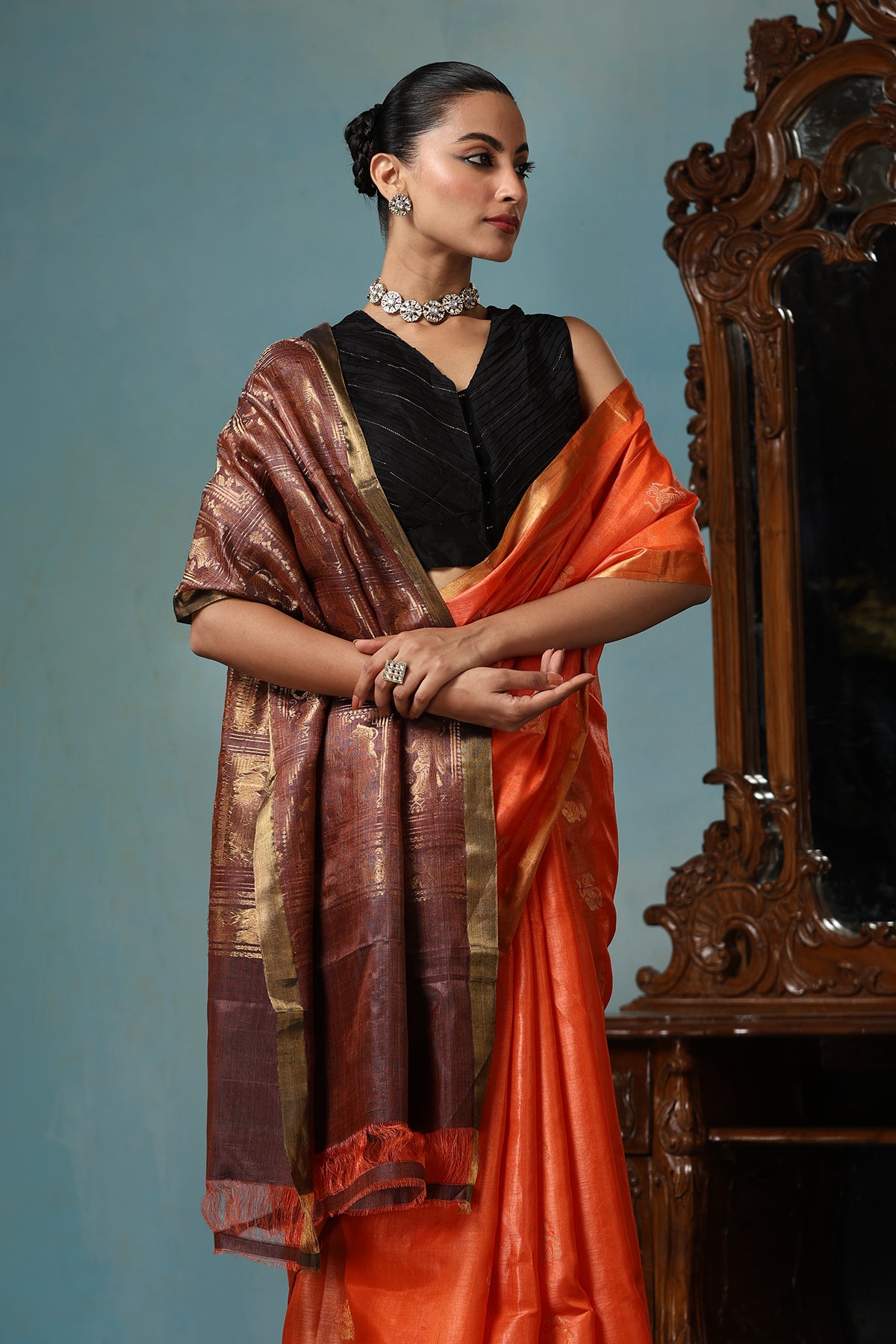 -  Lily handmade vibrant orange Kosa Silk saree with intricate dancer motif design all over
