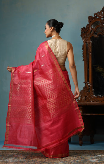 Orchid handmade Georgia peach Kosa Silk saree with fish design all over