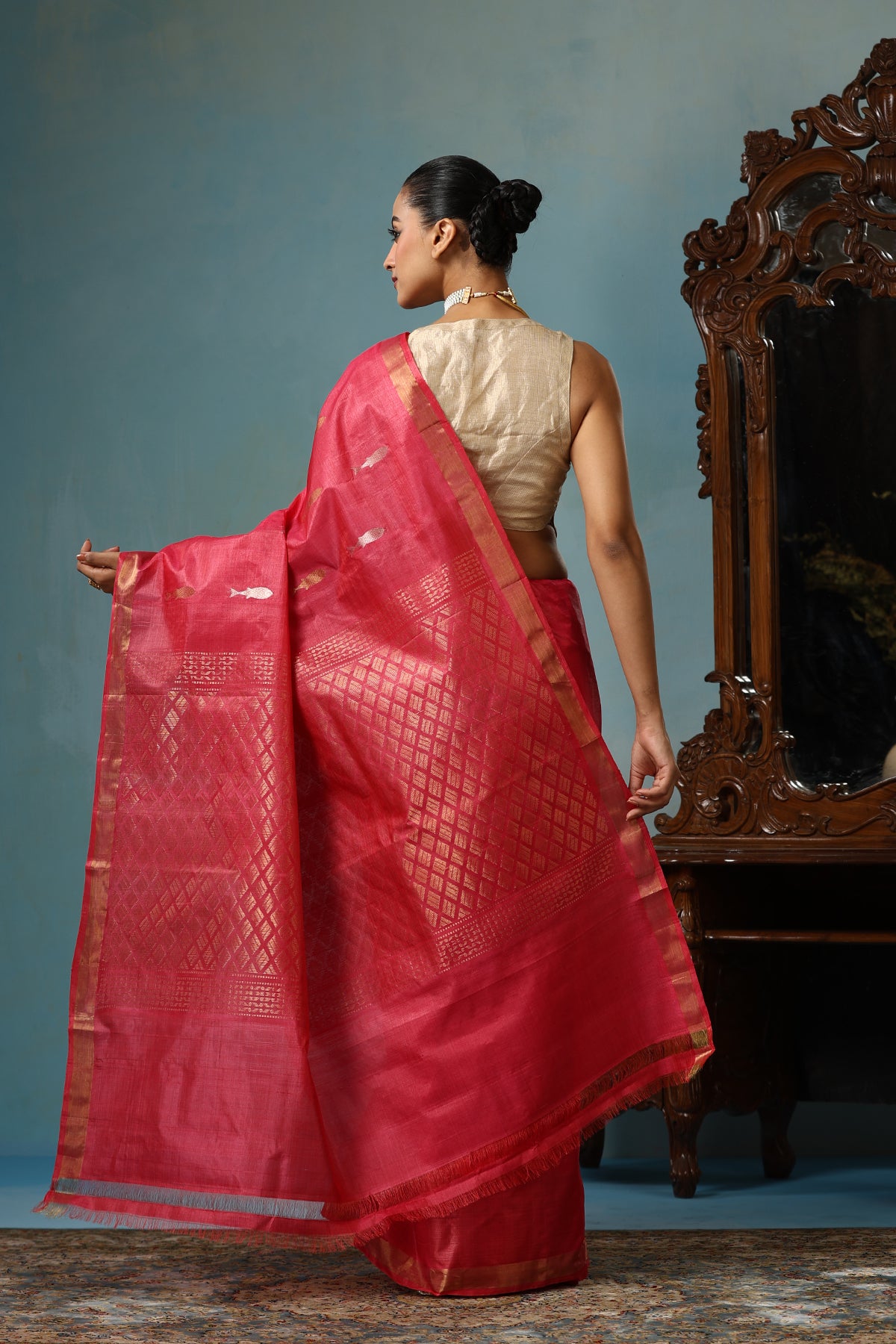 -  Orchid handmade Georgia peach Kosa Silk saree with fish design all over