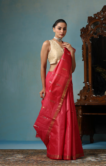 Orchid handmade Georgia peach Kosa Silk saree with fish design all over