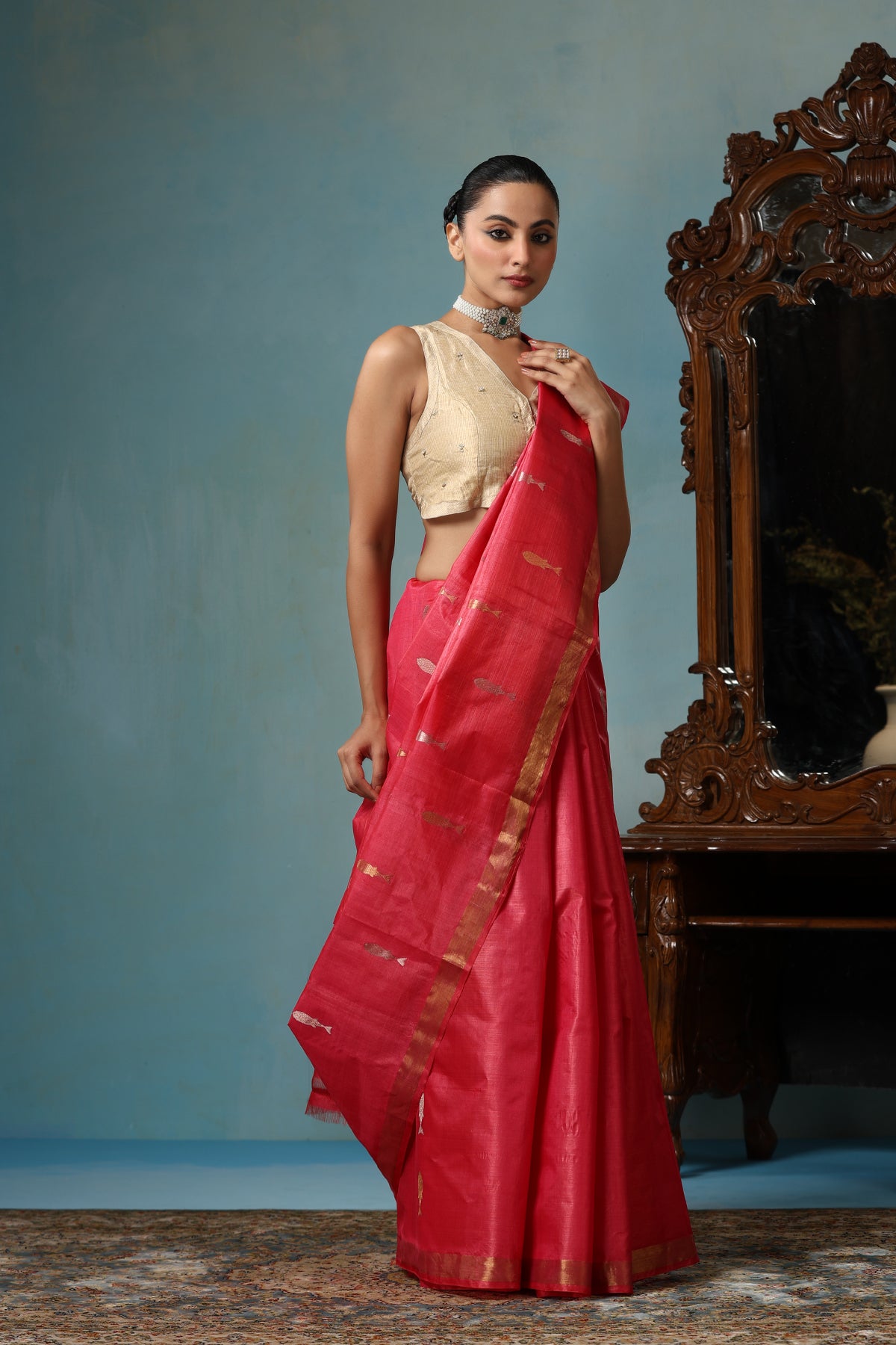 -  Orchid handmade Georgia peach Kosa Silk saree with fish design all over