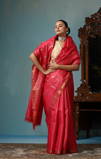 Orchid handmade Georgia peach Kosa Silk saree with fish design all over