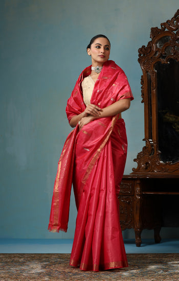 Orchid handmade Georgia peach Kosa Silk saree with fish design all over