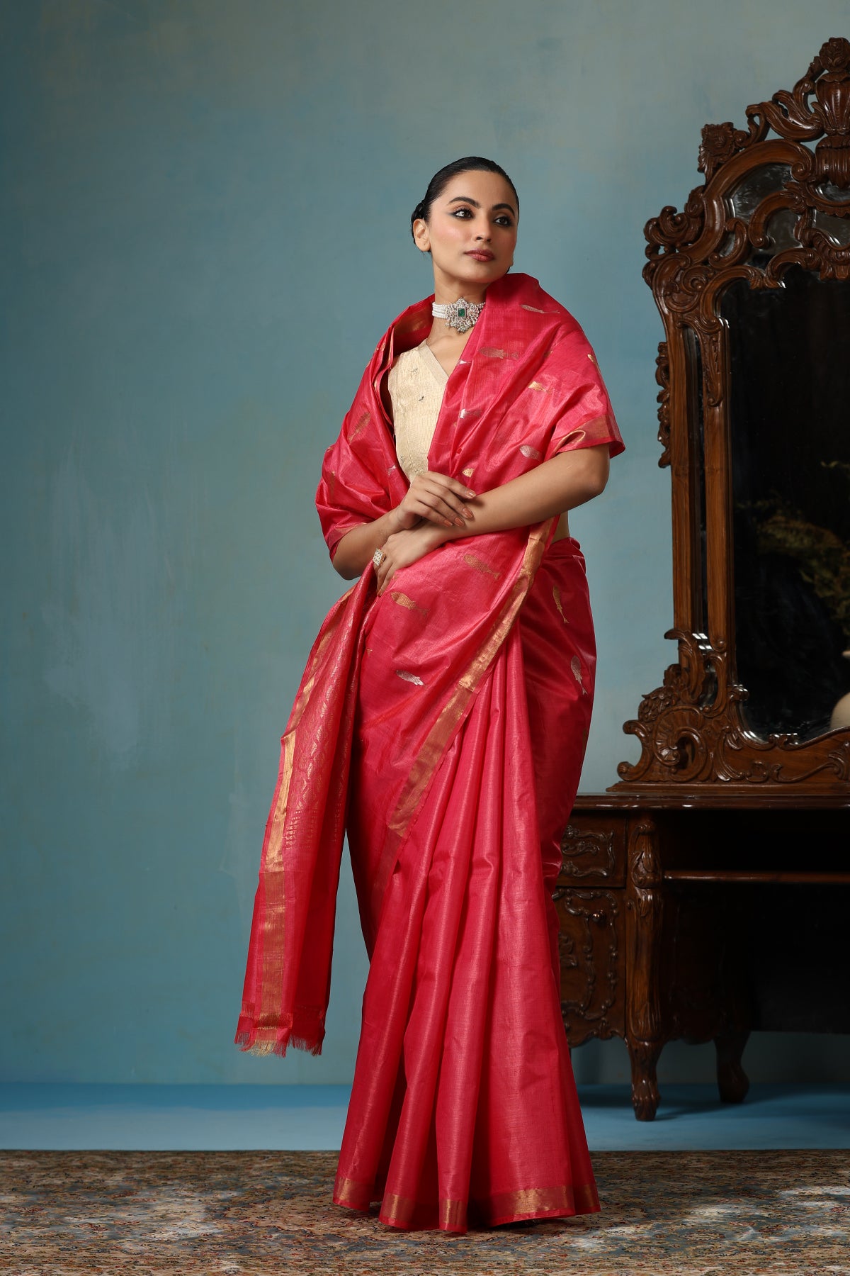 -  Orchid handmade Georgia peach Kosa Silk saree with fish design all over