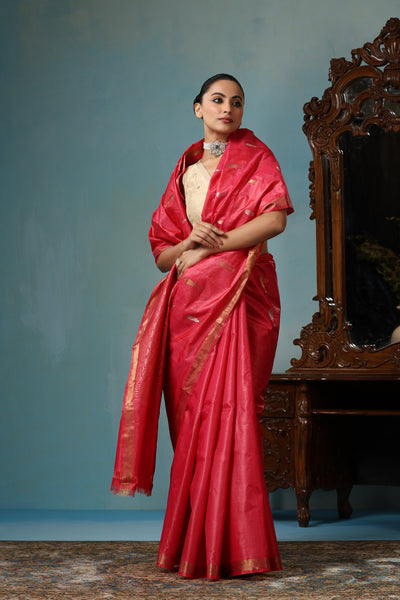 -  Orchid handmade Georgia peach Kosa Silk saree with fish design all over