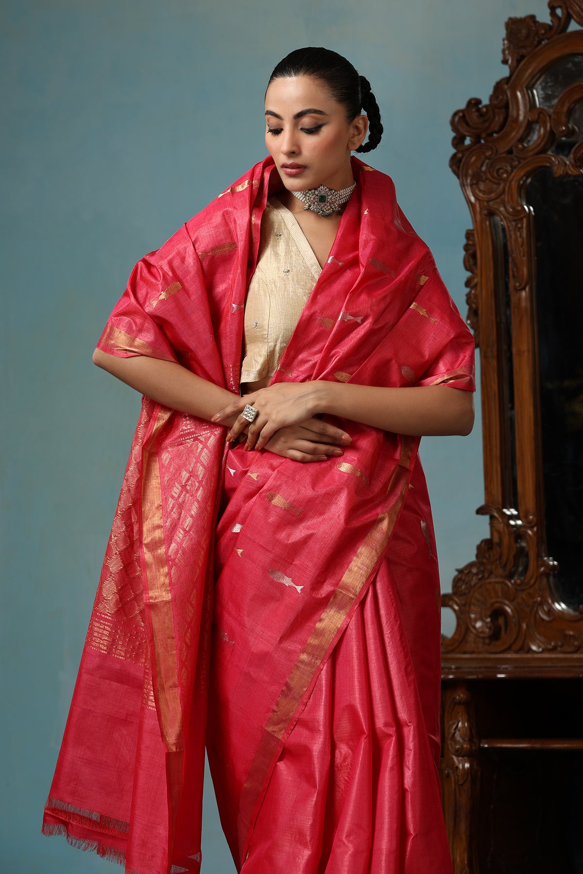 -  Orchid handmade Georgia peach Kosa Silk saree with fish design all over