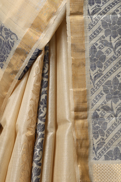 Daisy handmade beige Kosa Silk saree with lotus design and black palla