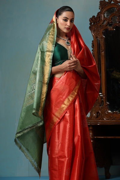 -  Jasmine handmade vibrant orange Kosa Silk saree with green palla and Chhattisgarhi folk dancer motifs