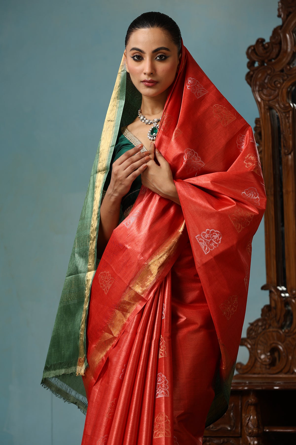 -  Jasmine handmade vibrant orange Kosa Silk saree with green palla and Chhattisgarhi folk dancer motifs