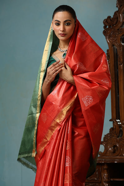 -  Jasmine handmade vibrant orange Kosa Silk saree with green palla and Chhattisgarhi folk dancer motifs