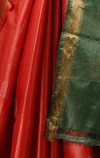 Jasmine handmade vibrant orange Kosa Silk saree with green palla and Chhattisgarhi folk dancer motifs