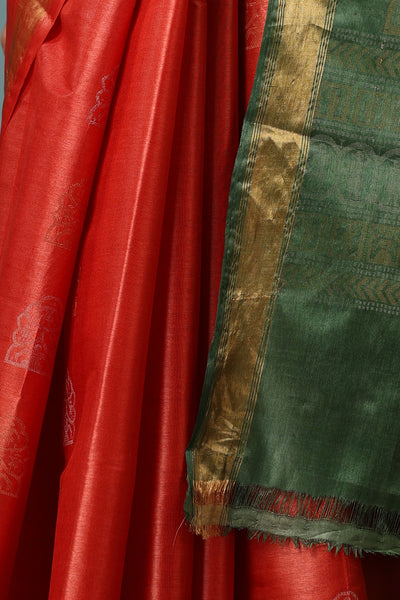 -  Jasmine handmade vibrant orange Kosa Silk saree with green palla and Chhattisgarhi folk dancer motifs