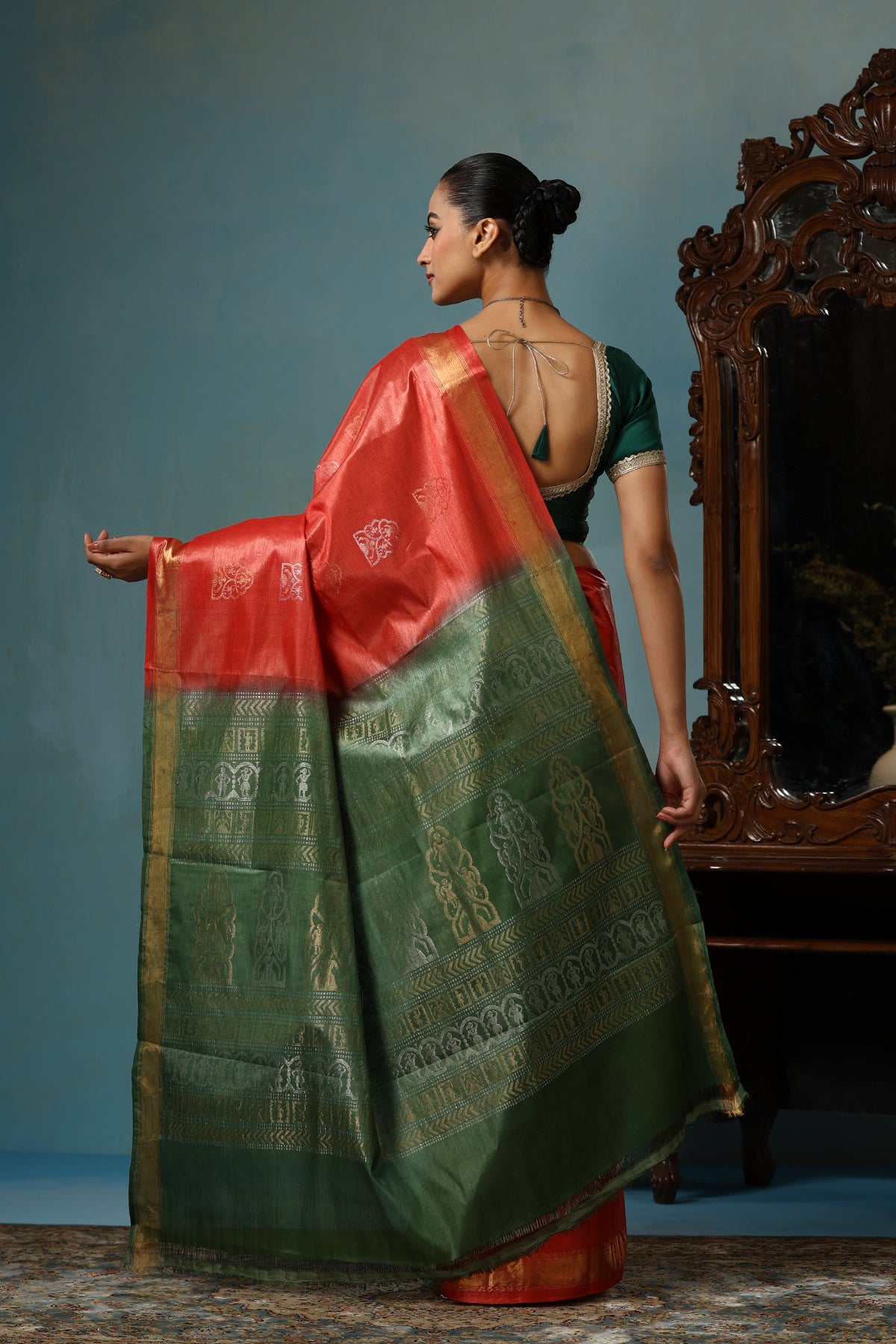 -  Jasmine handmade vibrant orange Kosa Silk saree with green palla and Chhattisgarhi folk dancer motifs