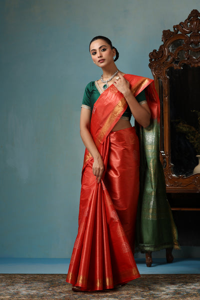 -  Jasmine handmade vibrant orange Kosa Silk saree with green palla and Chhattisgarhi folk dancer motifs