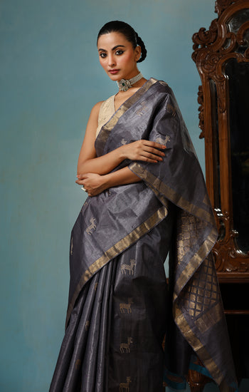Tulip handmade grey Kosa Silk saree with cheetal hiran (deer) design and square box pattern on the palla