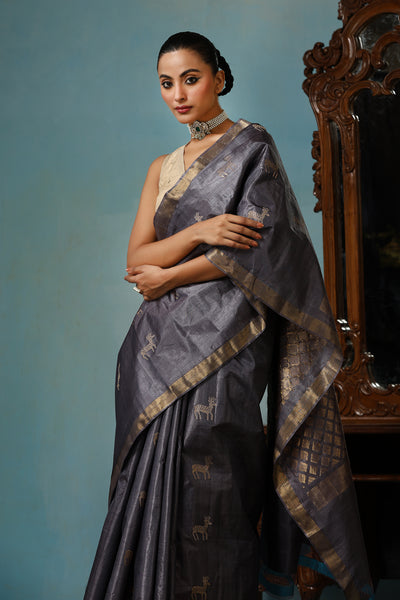 -  Tulip handmade grey Kosa Silk saree with cheetal hiran (deer) design and square box pattern on the palla