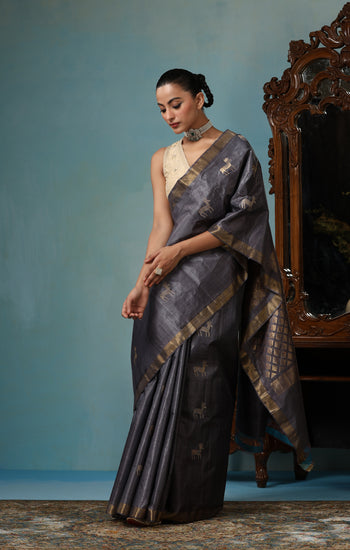 Tulip handmade grey Kosa Silk saree with cheetal hiran (deer) design and square box pattern on the palla