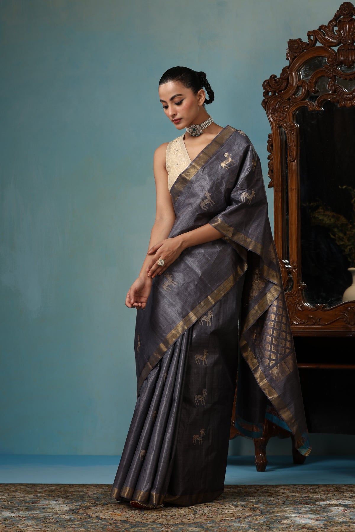 -  Tulip handmade grey Kosa Silk saree with cheetal hiran (deer) design and square box pattern on the palla