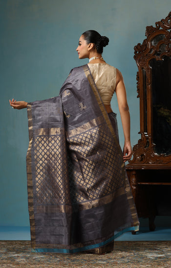 Tulip handmade grey Kosa Silk saree with cheetal hiran (deer) design and square box pattern on the palla